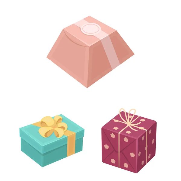 Iconos de dibujos animados de regalo y embalaje en la colección de conjuntos para el diseño. Ilustración de tela de símbolo de vector de embalaje colorido . — Vector de stock