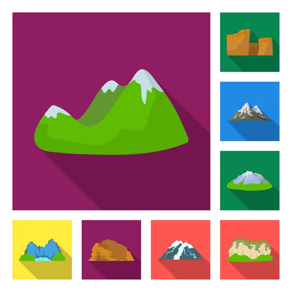 Different mountains flat icons in set collection for design.Mountains and landscape vector symbol stock web illustration. — Stock Vector