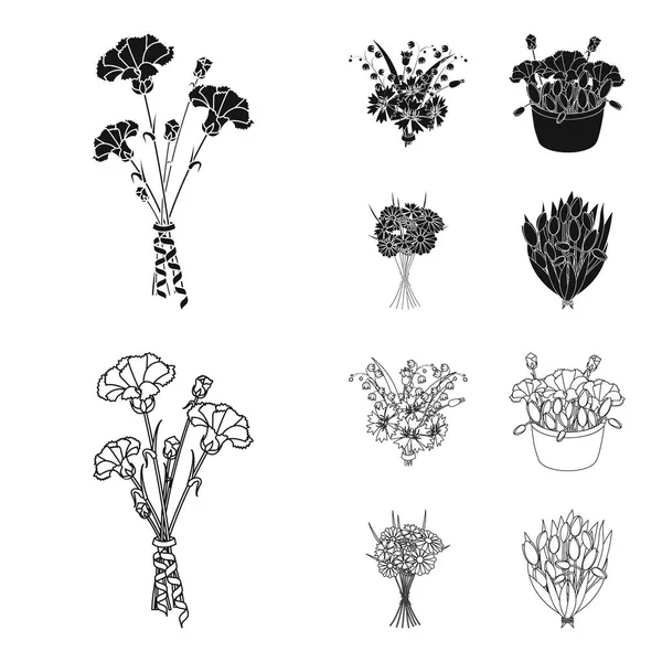 Egy csokor friss virág, fekete, vázlat ikonok beállítása gyűjtemény a design. Különböző csokrok szimbólum állomány honlap illusztráció vektor. — Stock Vector