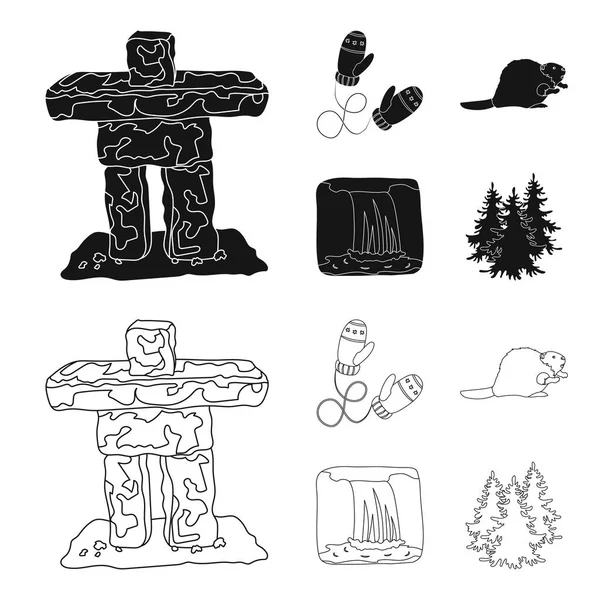 Kanadai fenyő, beaver és egyéb szimbólumok Canada.Canada készlet gyűjtemény ikonok-ban fekete, vázlat stílusú vektor stock illusztráció web szimbólum. — Stock Vector