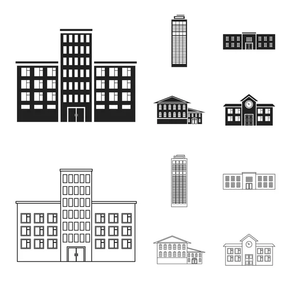 Arranha-céu, polícia, hotel, escola.Construindo ícones coleção conjunto em preto, esboço estilo vetor símbolo estoque ilustração web . —  Vetores de Stock