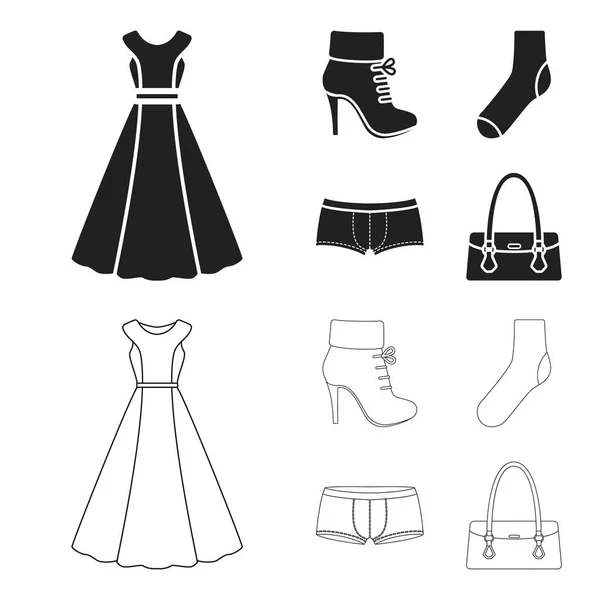 Botas de mujer, calcetines, pantalones cortos, bolso de mujer. Conjunto de ropa colección iconos en negro, contorno estilo vector símbolo stock ilustración web . — Archivo Imágenes Vectoriales