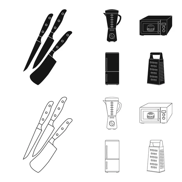 Keukenapparatuur zwart, overzicht pictogrammen in set collectie voor design. Keuken en accessoires vector symbool voorraad web illustratie. — Stockvector