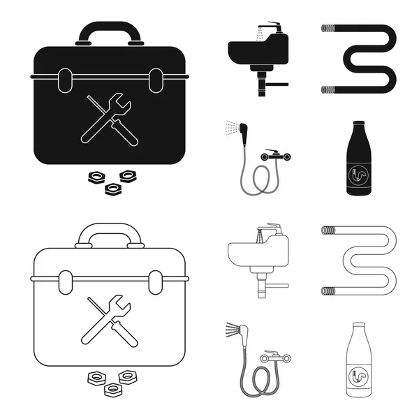 Lavabo, sèche-serviettes chauffant, mélangeur, douches et autres équipements.Ensemble de plomberie icônes de la collection en noir, style contour symbole vectoriel illustration web . — Image vectorielle