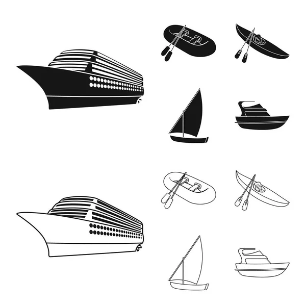 釣りボート、オールでカヤック、釣りのスクーナー船、モーター ヨット ゴム。船舶と水運は黒、アウトライン スタイルのベクトル シンボル ストック イラスト web でコレクションのアイコンを設定. — ストックベクタ