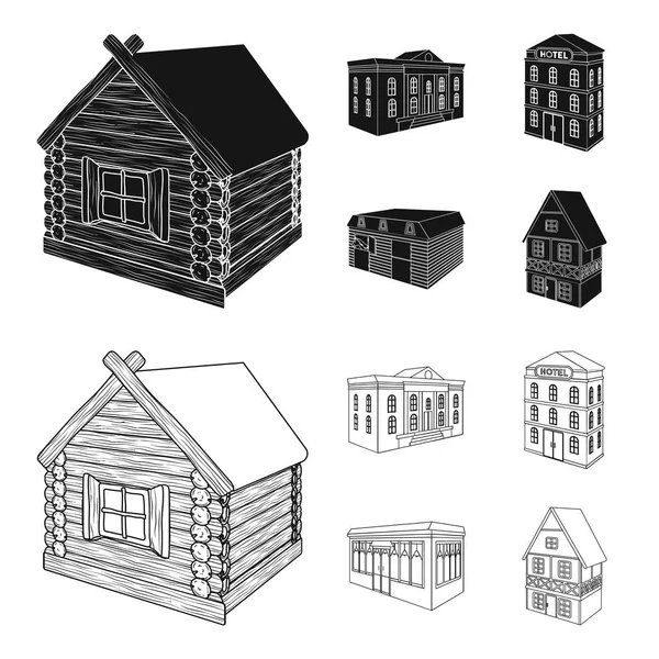 The museum building, a three-story hotel, a stable at the racecourse, a residential cottage. Architectural and building set collection icons in black,outline style vector symbol stock illustration web — Stock Vector