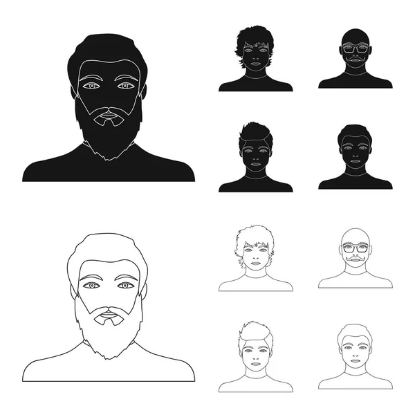 L'apparition du jeune homme, le visage d'un chauve avec une moustache dans ses lunettes. Visage et apparence ensemble icônes de la collection en noir, contour de style vectoriel symbole illustration web . — Image vectorielle
