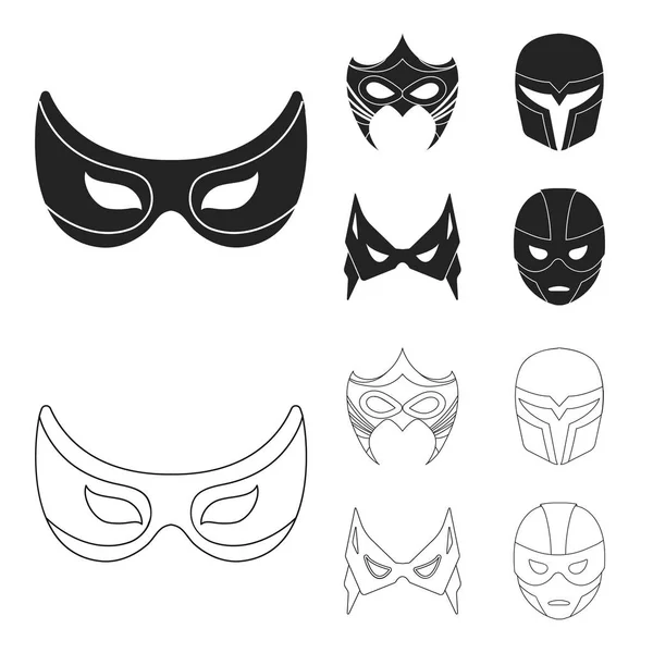 Máscara en la cabeza y los ojos. Super héroe máscara conjunto colección iconos en negro, contorno estilo vector símbolo stock ilustración web . — Vector de stock