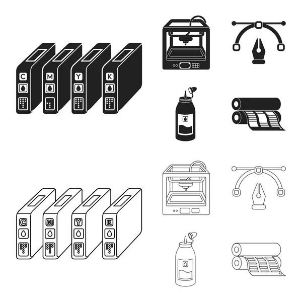 3D-printer, krant printer, inkt, pen. Typografie instellen collectie iconen in zwart, overzicht stijl vector symbool stock illustratie web. — Stockvector