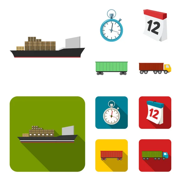 Frachtschiff, Stoppuhr, Kalender, Eisenbahn car.logistic, Set Sammlung Symbole in Cartoon, flachen Stil Vektor Symbol Stock Illustration Web. — Stockvektor