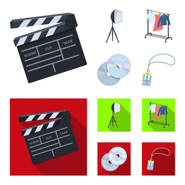 Films, disques et autres équipements pour le cinéma. Faire des films ensemble icônes de la collection dans la bande dessinée, plat style vectoriel symbole illustration web . — Image vectorielle