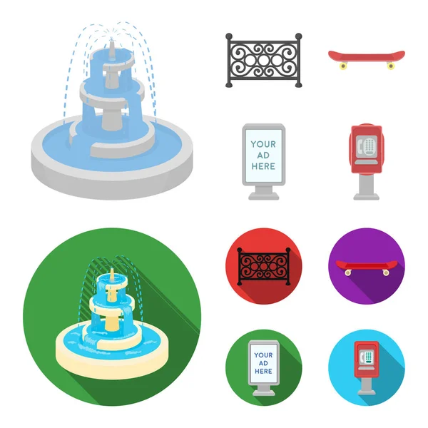 Fountain, fence, skate, billboard.Park set collection icons in cartoon, flat style vector symbol stock illustration web . — стоковый вектор