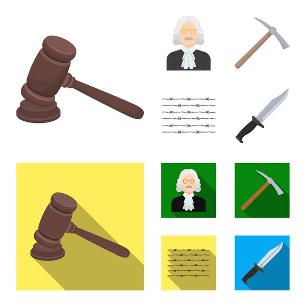 Dommer, træhammer, pigtråd, hakke. Fængsel sæt samling ikoner i tegneserie, flad stil vektor symbol lager illustration web . – Stock-vektor