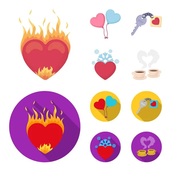 Corazón caliente, globos, una llave con encanto, un corazón frío. Romántico conjunto de iconos de colección en dibujos animados, vector de estilo plano símbolo stock ilustración web . — Archivo Imágenes Vectoriales