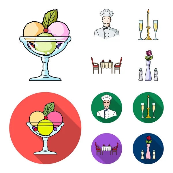 冰淇淋配水果, 厨师, 蜡烛和眼镜, 一张有盖的桌子。餐厅集合图标在卡通, 平面式矢量符号股票插画网站. — 图库矢量图片