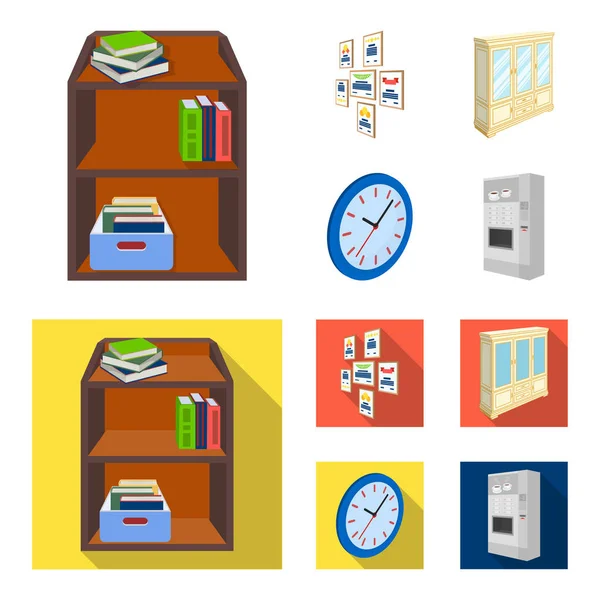 Gabinete, estanterías con libros y documentos, marcos en la pared, relojes redondos. Interior de la oficina conjunto de iconos de la colección en la historieta, el estilo plano isométrico vector símbolo stock ilustración web . — Archivo Imágenes Vectoriales