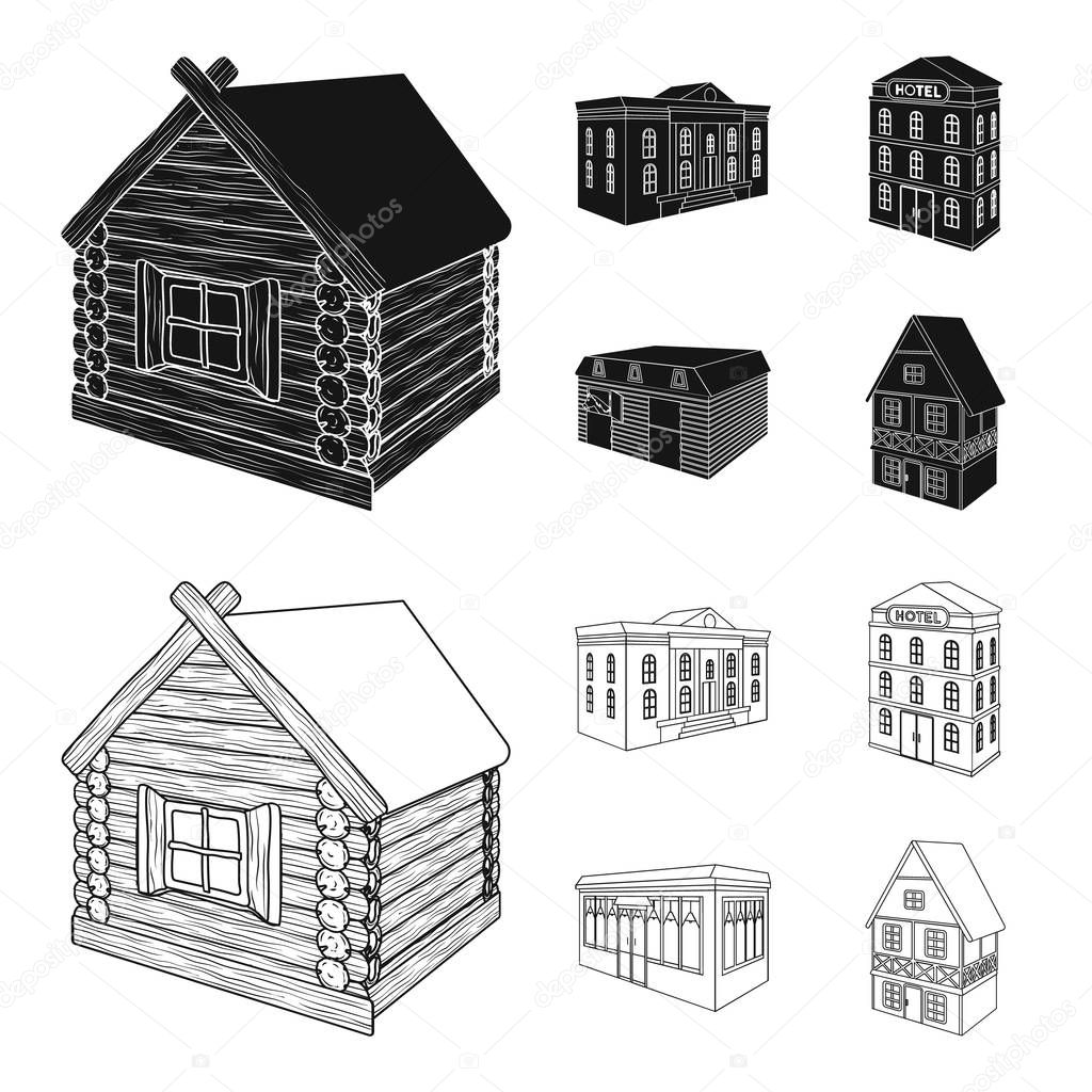 The museum building, a three-story hotel, a stable at the racecourse, a residential cottage. Architectural and building set collection icons in black,outline style vector symbol stock illustration web