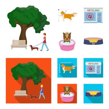 Bir köpek, bir veteriner ofisi a evde beslenen hayvan banyo penye bir köpek ile parkta yürüyüş. Veteriner Kliniği ve evde beslenen hayvan kaygı çizgi film, düz stil vektör simge stok çizim web simgeler ayarla.