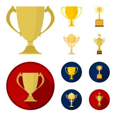 Gold Cup çizgi film, düz simgeler toplama tasarımı için ayarlayın. Kazananlar Kupası vektör simge stok web çizim.