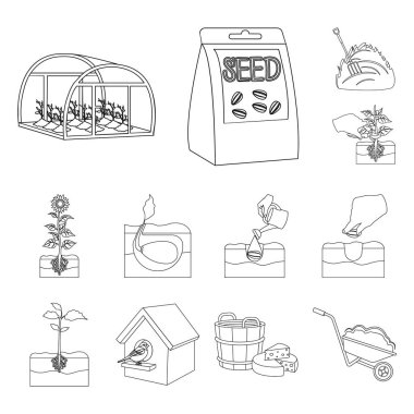 Set koleksiyonu tasarım için çiftlik ve tarım anahat simgeleri. Bahçe ve bitki izometrik vektör simge stok web çizim.