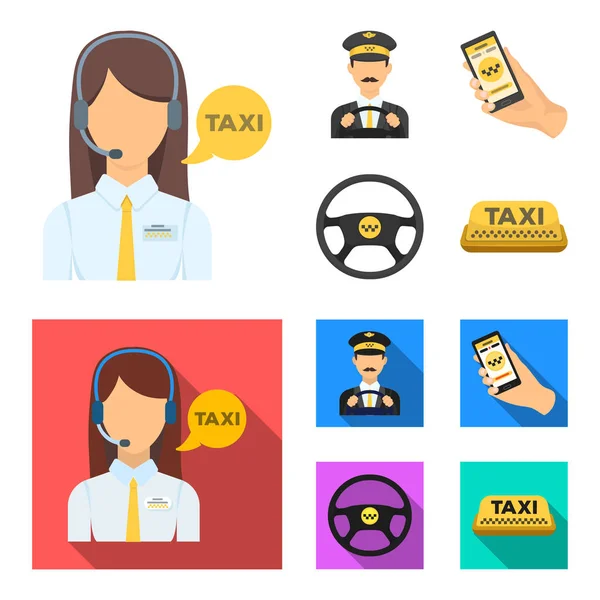 Un taxista con un micrófono, un taxista al volante, un teléfono celular con un número, un volante de coche. Taxi set colección iconos en dibujos animados, plano estilo vector símbolo stock ilustración web . — Vector de stock