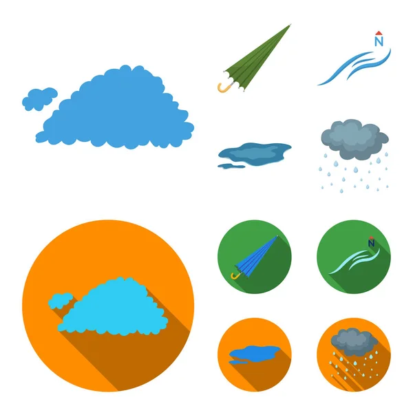 Облако, зонтик, северный ветер, лужа на земле. The weather set collection icons in cartoon, flat style vector symbol stock illustration web . — стоковый вектор