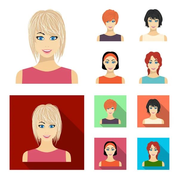 Types of female hairstyles cartoon, flat icons in set collection for design. Внешний вид веб-иллюстрации женского векторного символа . — стоковый вектор