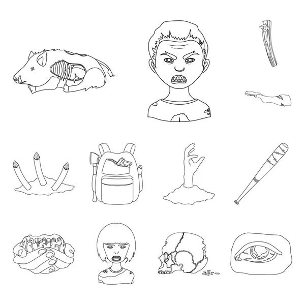 Zombies and Attributes esbozan iconos en la colección de conjuntos para el diseño. Hombre muerto vector símbolo stock web ilustración . — Archivo Imágenes Vectoriales