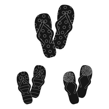Parmak arası terlik set koleksiyonu tasarım için simgeler siyah. Beach ayakkabı sembol stok web illüstrasyon vektör.