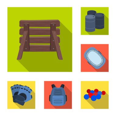 Paintball takım set koleksiyonu tasarım için oyun düz simgeler. Ekipman ve kıyafet sembol stok web illüstrasyon vektör.