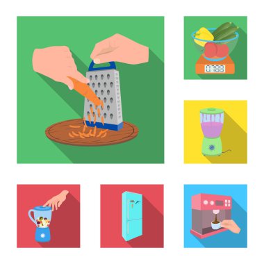 Yemek yemek düz simgeler set koleksiyonu tasarım için. Mutfak, cihazlar ve sembol stok illüstrasyon vektör.