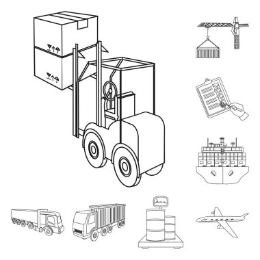 Set koleksiyonu tasarım için lojistik ve teslimat anahat simgeleri. Taşıtlar ve donatımı izometrik vektör simge stok web çizim.