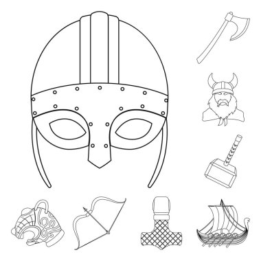 Vikingler ve öznitelikleri set koleksiyonu tasarım için simgeleri anahat. Eski İskandinav savaşçı vektör simge stok web çizimi.