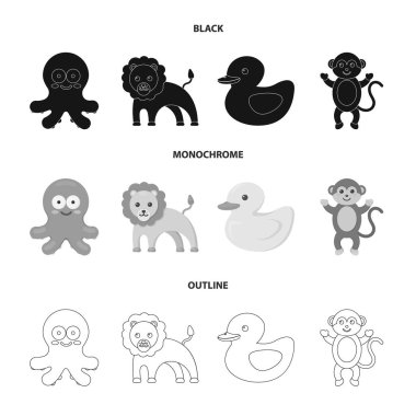 Bir gerçek dışı siyah, siyah-beyaz set koleksiyonu tasarım için anahat hayvan simgeler. Oyuncak hayvanlar sembol stok web illüstrasyon vektör.