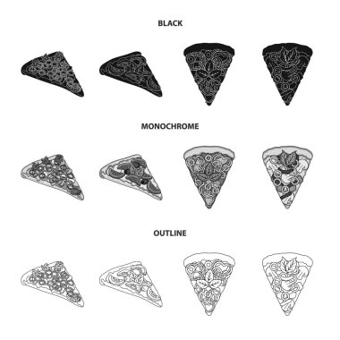 Bir dilim pizza farklı malzemelerle. Farklı pizza koleksiyonu Icons set siyah, tek renkli, anahat stili vektör simge stok çizim web.