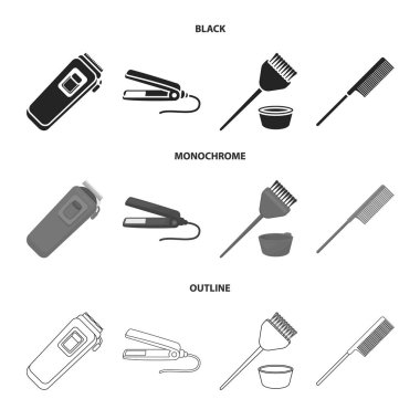 Trim, saç boyama, tarak, saç ucuna ulaştığınızda düzleştiriciyi. Kuaför koleksiyonu Icons set siyah, tek renkli, anahat stili vektör simge stok çizim web.