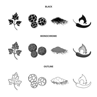 Ptrushka, karabiber, kırmızı biber, biber. Otlar ve baharatlar koleksiyonu Icons set siyah, tek renkli, anahat stili vektör simge stok çizim web.