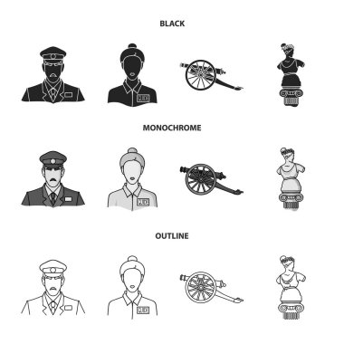Bekçi, Kılavuzu, heykel, silah. Müzesi koleksiyonu Icons set siyah, tek renkli, anahat stili vektör simge stok çizim web.