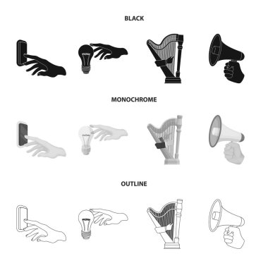 Elektrik düğmesini, akkor lamba ve diğer web simge siyah, tek renkli, stil anahat. oynarken ARP, elinde megafon küme koleksiyon simgeler.