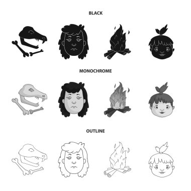 Kadın, saç, yüz, şenlik ateşi. Taş devri koleksiyonu Icons set siyah, tek renkli, anahat stili vektör simge stok çizim web.