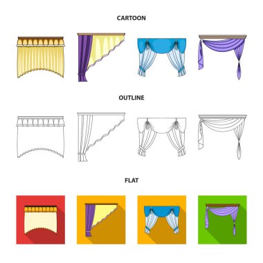 Pencere perdeleri farklı türleri. Perdeleri koleksiyonu Icons set çizgi film, anahat, düz stil vektör simge stok çizim web.