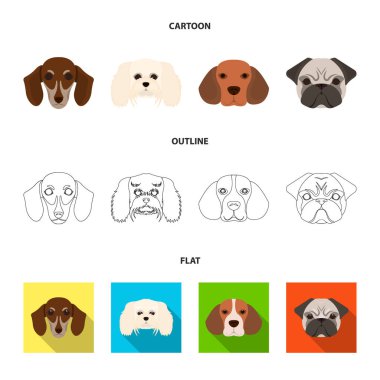 Farklı doğurmak-in köpek ağızlık. Dachshund, fino, beagle, pug cinsi köpek toplama Icons set çizgi film, anahat, düz stil vektör simge stok çizim web.