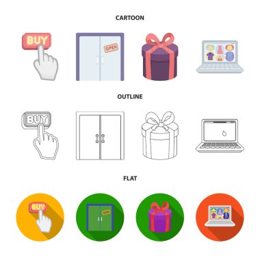 El, tıklayın, Asansör, Hediyelik, kutusu, kapı, online mağaza ve diğer ekipmanlar. E ticaret koleksiyonu Icons set çizgi film, anahat, düz stil vektör simge stok çizim web.