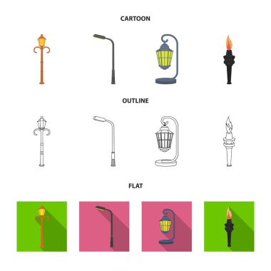 Retro tarzı, modern fener, meşale ve diğer tip-in sokak sokak lâmbası direği. Elektrik direği koleksiyonu Icons set çizgi film, anahat, düz stil vektör simge stok çizim web.