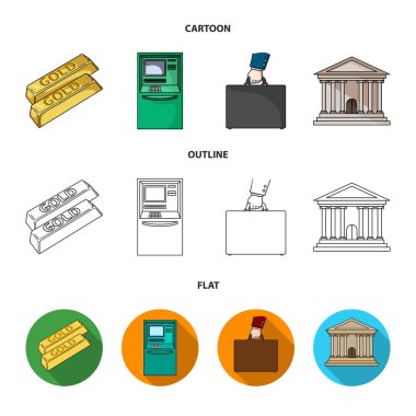 Altın Bar, Atm, banka binası, para ile bir durum. Para ve finans koleksiyonu Icons set çizgi film, anahat, düz stil vektör simge stok çizim .
