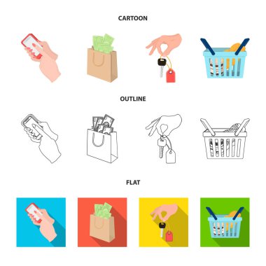 Cep telefonu, bir paket ile para ve diğer web simgesi karikatür, anahat, stil düz. elinde bir sepet ile gıda simgeler kümesi koleksiyonundaki bir anahtar.