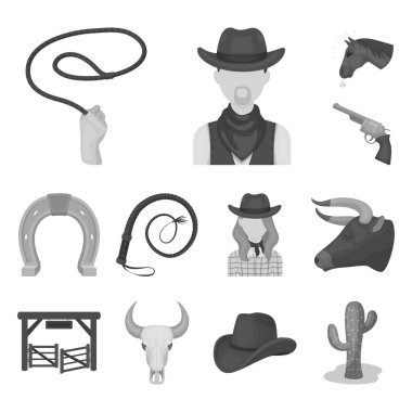 Rodeo, rekabet tek renkli simgeler toplama tasarımı için ayarlayın. Kovboy ve ekipman sembol stok web illüstrasyon vektör.