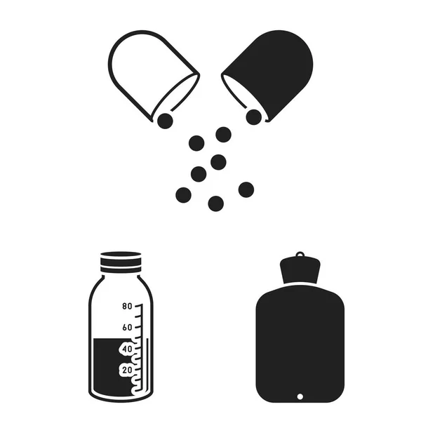 药物和治疗黑色图标集合中的设计。药品和设备矢量符号库存 web 插图. — 图库矢量图片