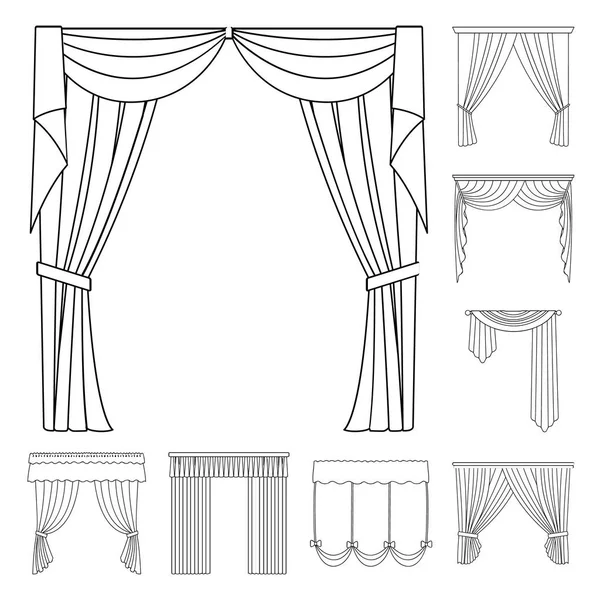 Diferentes tipos de cortinas esbozan iconos en la colección de conjuntos para el diseño. Cortinas y lambrequines vector símbolo stock web ilustración . — Archivo Imágenes Vectoriales