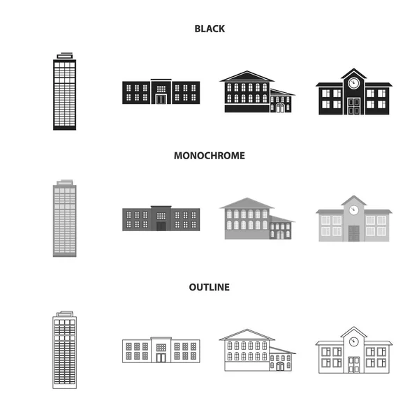 Rascacielos, policía, hotel, escuela.Conjunto de iconos de la colección de edificios en negro, monocromo, contorno estilo vector símbolo stock illustration web . — Archivo Imágenes Vectoriales